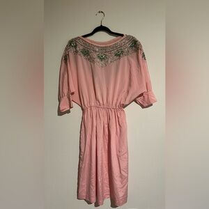 Vintage pink handmade dress with stunning green and gold metal/bead embroidery